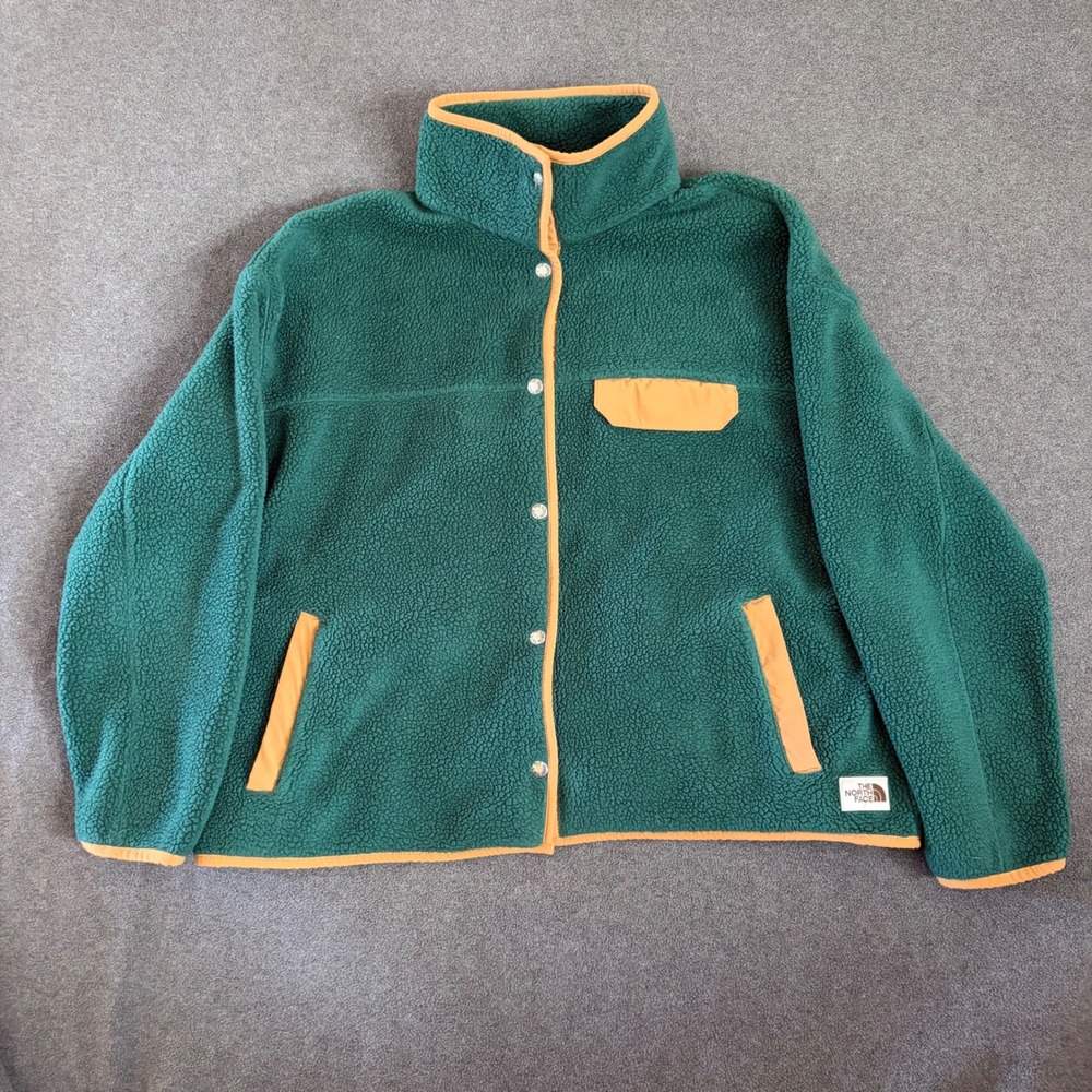 The North Face Sherpa Fleece Jacket Womens L Green Tan Excellent Snap Button Up
